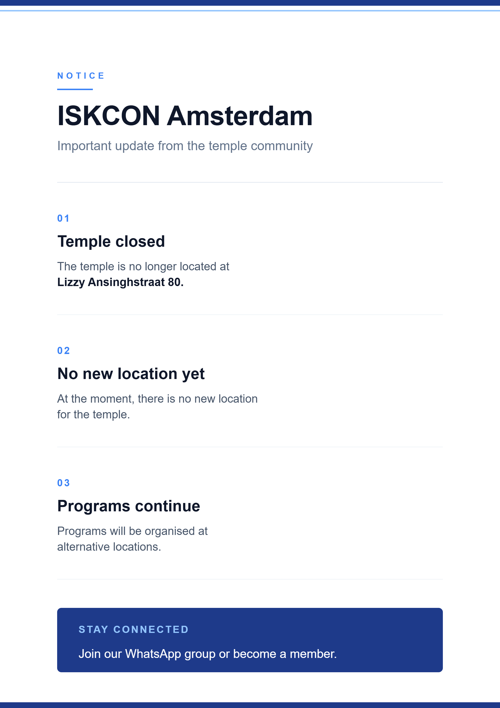 Important update from ISKCON Amsterdam
